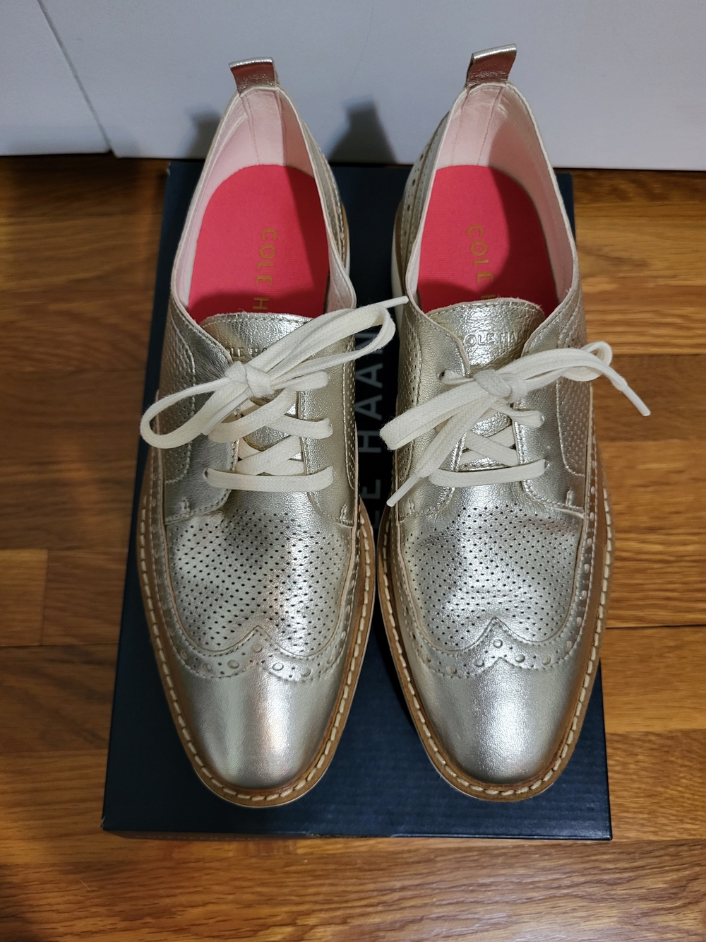 Cole Haan Metallic Gold Perforated Wingtip Oxfords with Red Insole